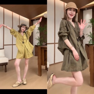 十三行一整套穿搭亚麻套装女夏季韩版度假风V领衬衫短裤两件套