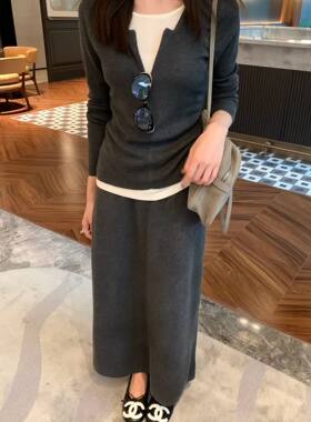 ajroom假两件咖粉色修身针织衫上衣高腰直筒半身裙两件套装女秋装