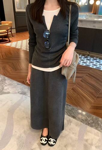 ajroom假两件咖粉色修身针织衫上衣高腰直筒半身裙两件套装女秋装