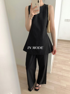 inmode夏无袖上衣背心裙+长裤阔腿休闲裤女OL黑色两件套套装高级
