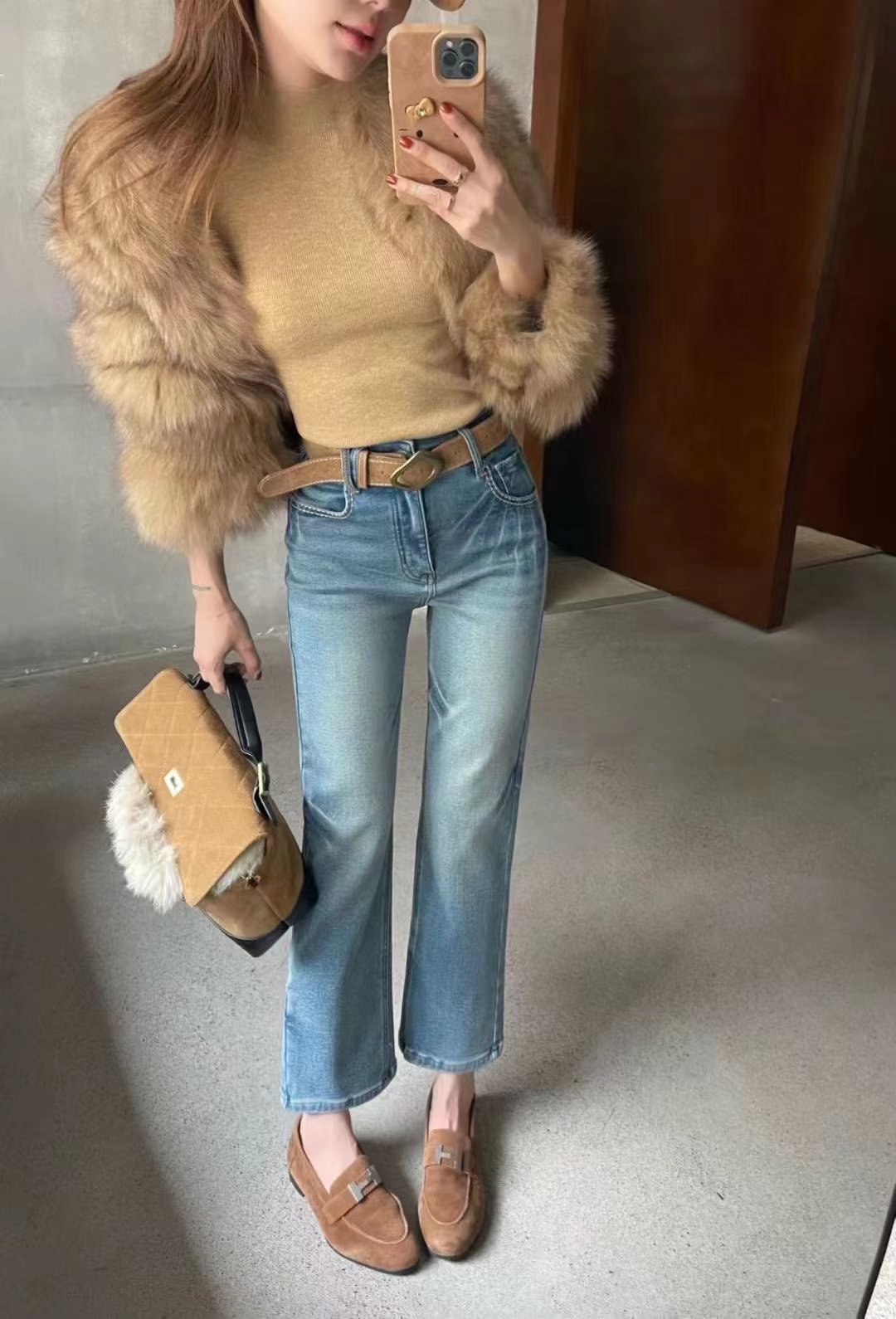 CM正品加绒小脚裤直筒杏色牛仔裤女高腰白色磨毛九分小个子烟管裤