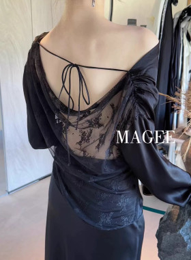 magee春法式纯欲性感蕾丝绑带露背上衣女装高级感露肩铜氨丝衬衫