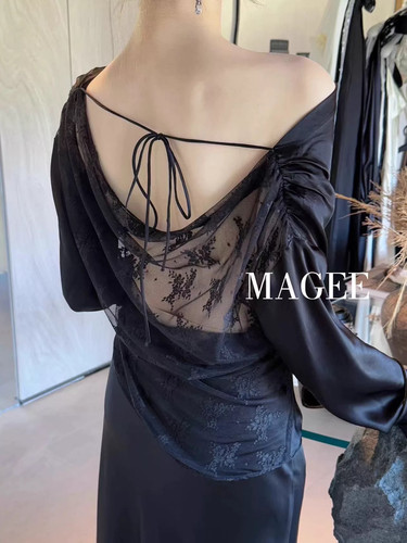 magee春法式纯欲性感蕾丝绑带露背上衣女装高级感露肩铜氨丝衬衫