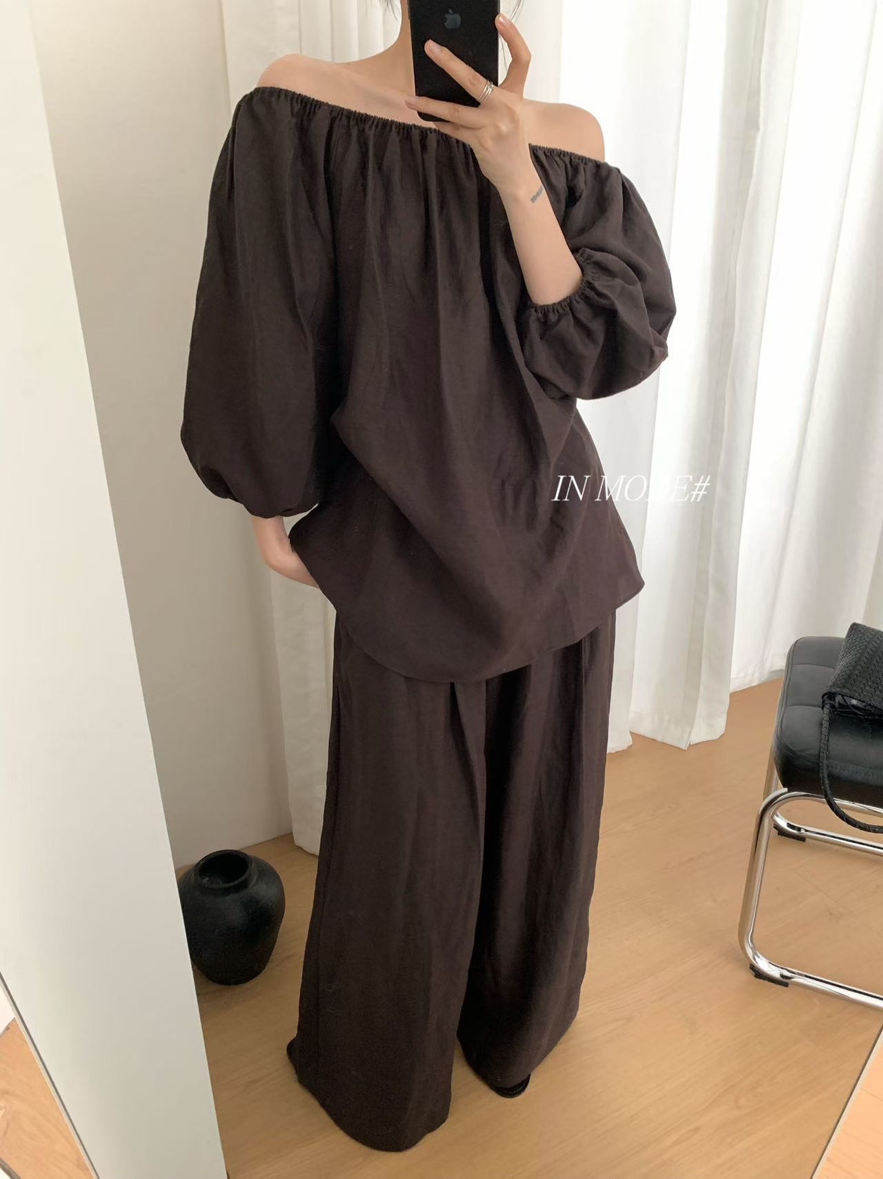 in mode袖舒适小衫+松紧腰阔腿休闲裤两件套套装(含55苎麻)9053