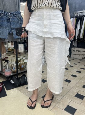 LIAN里安夏高腰荷叶边亚麻阔腿裤女洋气透气柔软飘带休闲裤30597
