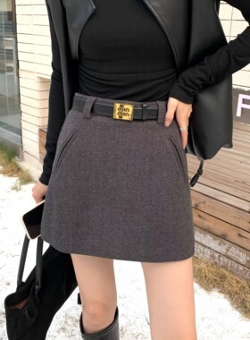 ZNE紫诺儿秋冬新款韩版高级休闲百搭显瘦呢料高腰a字短裙配皮带