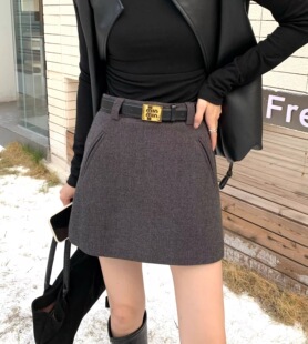 ZNE紫诺儿秋冬新款韩版高级休闲百搭显瘦呢料高腰a字短裙配皮带