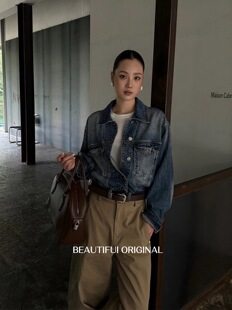 bo十三行欧洲站复古水洗做旧牛仔外套新款宽松慵懒风休闲夹克上衣