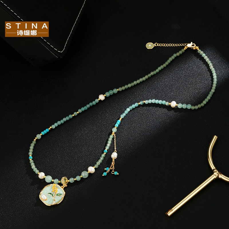 STINA-新中式复古滴釉花朵吊坠项链感设计颈链全新潮流爱好者非明