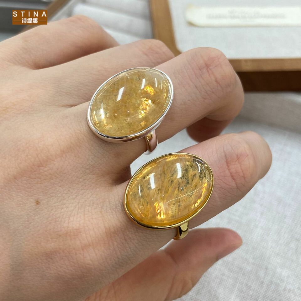 STINA新款天然黄水晶蛋面戒指女金银双色大蛋面食指戒复古轻奢小