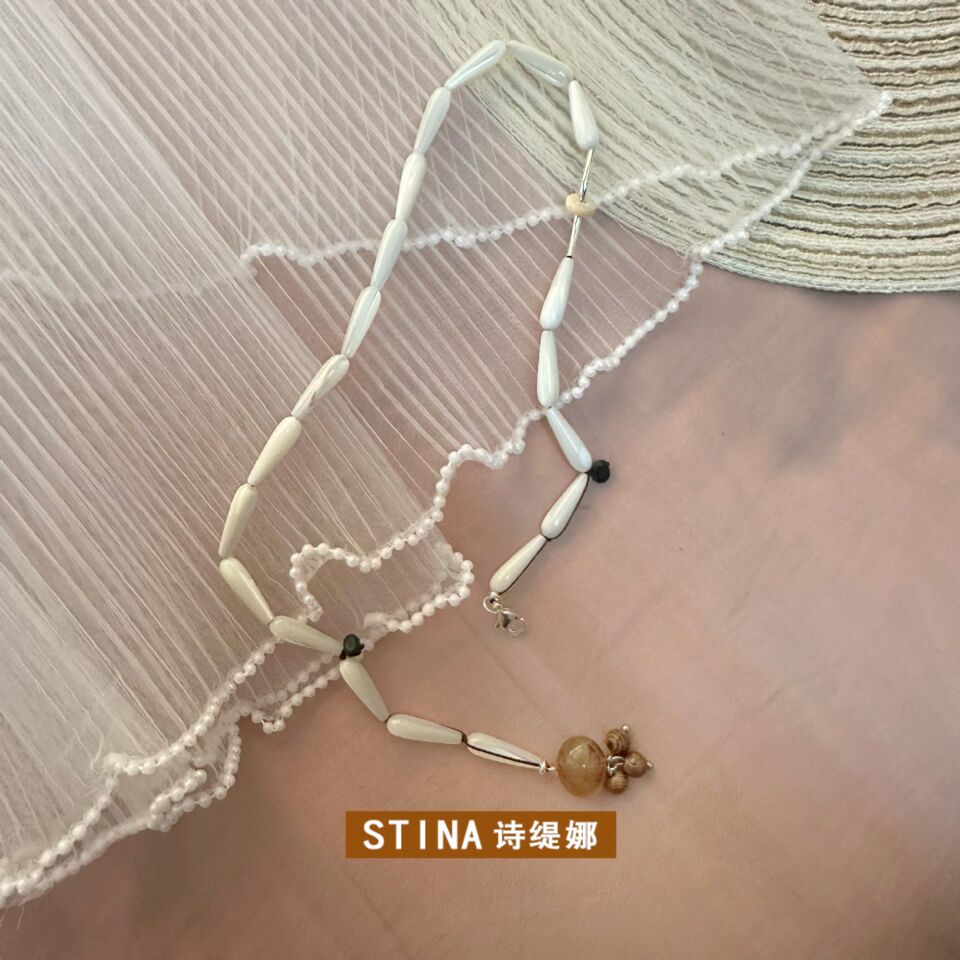 STINA复古天然石贝壳串珠项链女