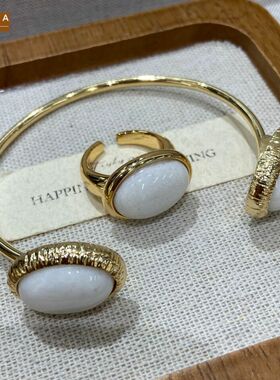 STINA欧美椭圆白色戒指开口手镯