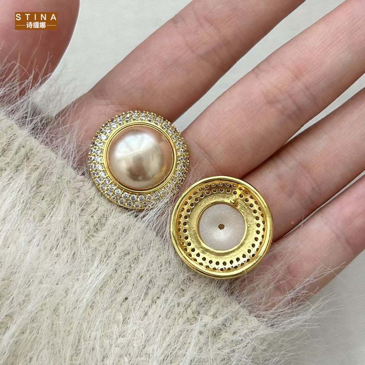 STINA新款银针满钻珍珠耳环时尚