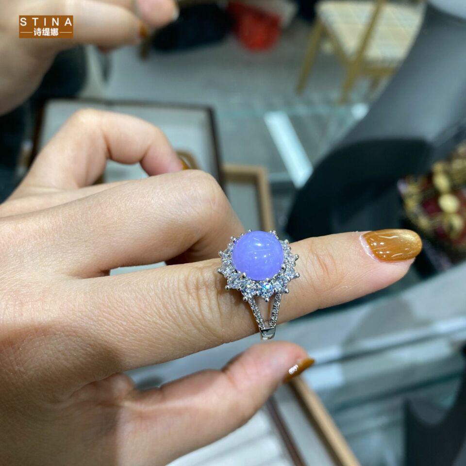 STINA新中式天然高冰种紫玉髓锆石紫鸽子蛋宝石戒指轻奢感戒指/指