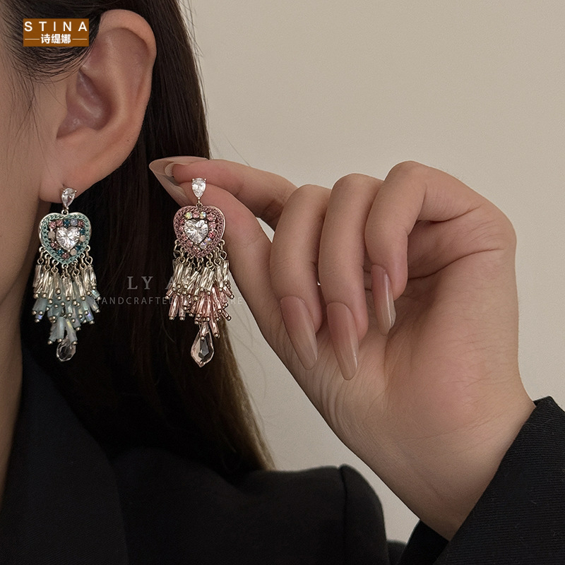 STINA手工缠线爱心锆石耳坠蓝粉