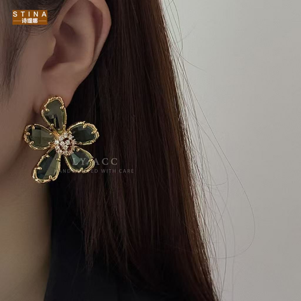 STINA新款复古橄榄绿水晶五瓣花