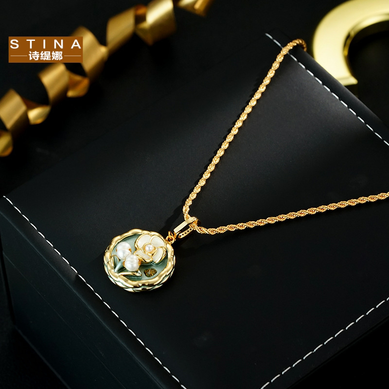 STINA绿色油画风天然淡水珠花朵