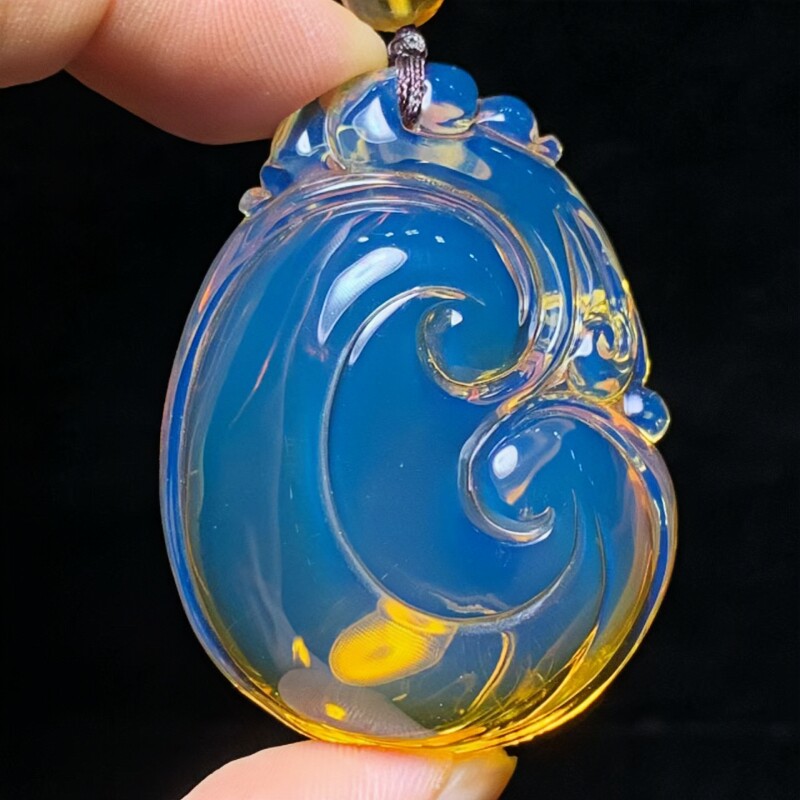 正品天然缅甸琥珀精品净水玻璃底高蓝 如意 吊坠时尚文玩珠宝饰品