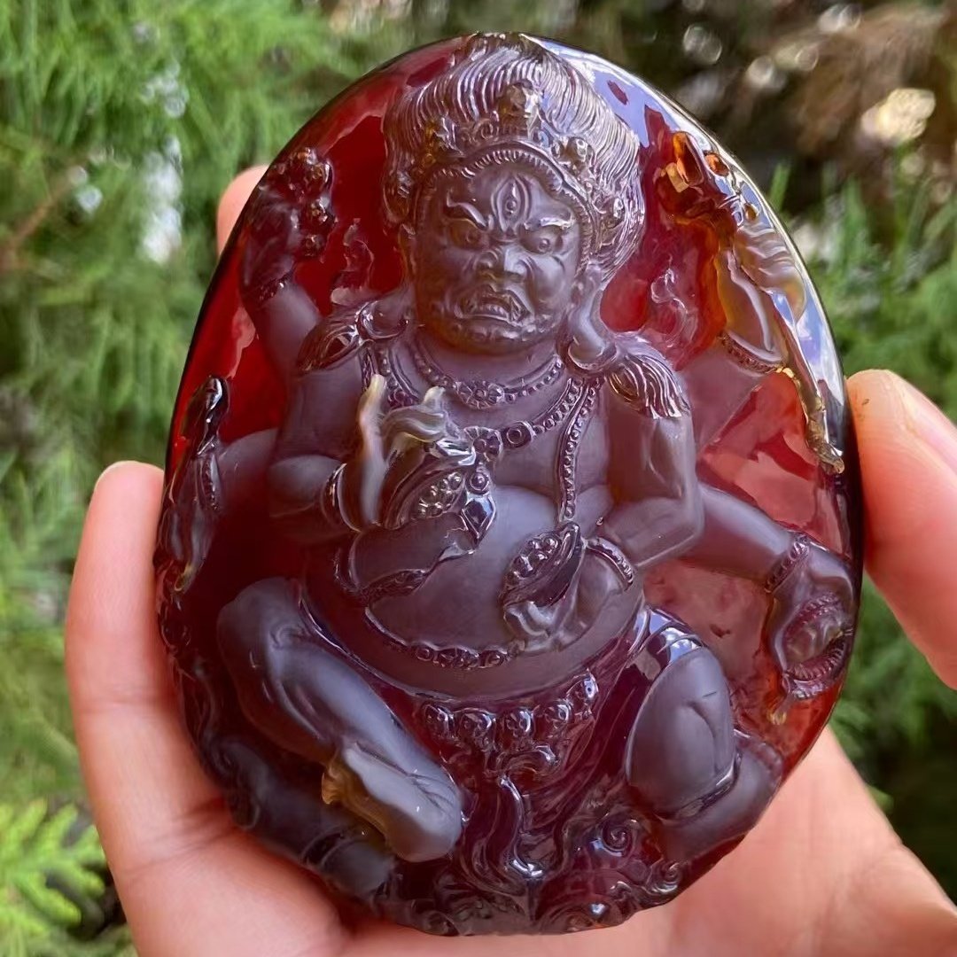 正品天然缅甸琥珀精品血蜜蓝血膜 六臂大黑天 吊坠文玩珠宝饰品