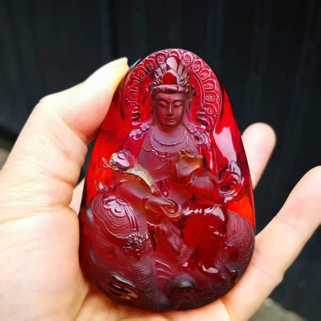 正品天然缅甸琥珀精品血珀蓝血普贤菩萨吊坠挂件文玩收藏珠宝饰品