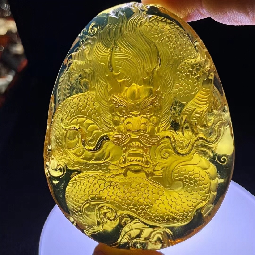 正品天然缅甸精品高蓝琥珀 龙行天下 龙牌吊坠名家手工艺珠宝饰品