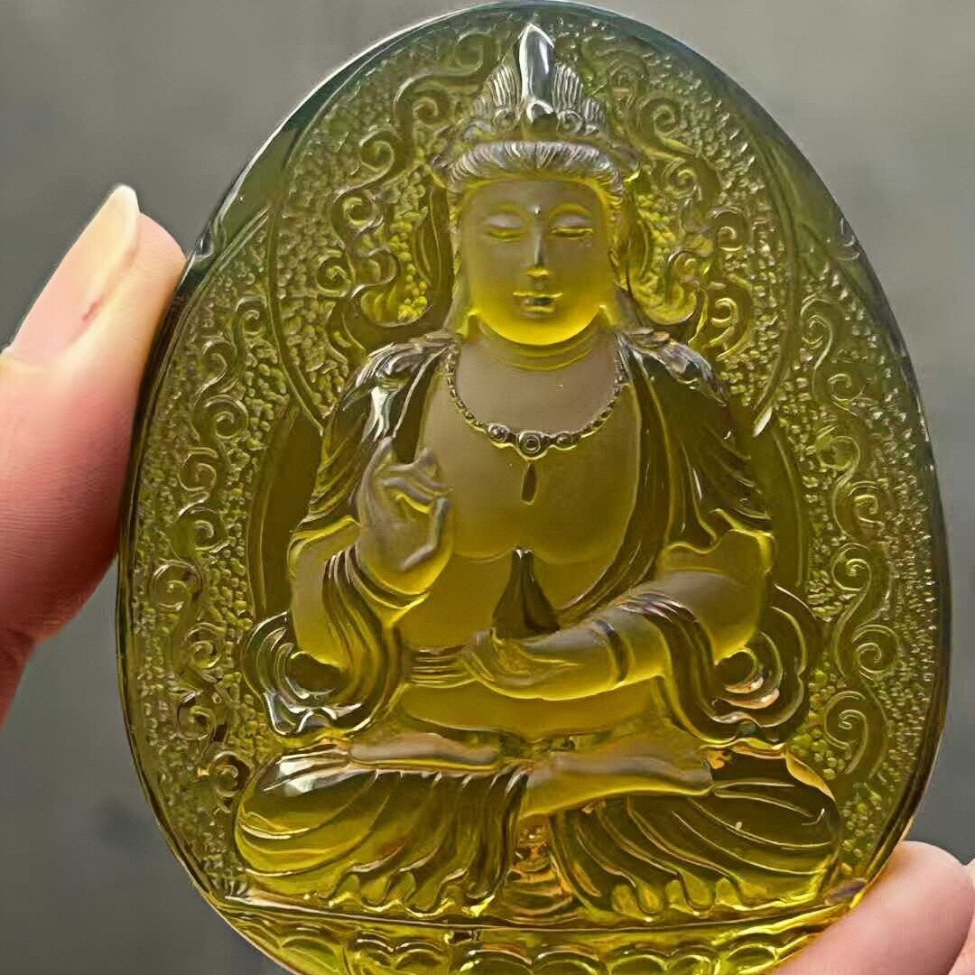 正品天然缅甸琥珀精品老矿料绿茶净瓶观音吊坠文玩工艺珠宝饰品
