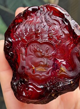 天然缅甸酒红血珀黄财神吊坠
