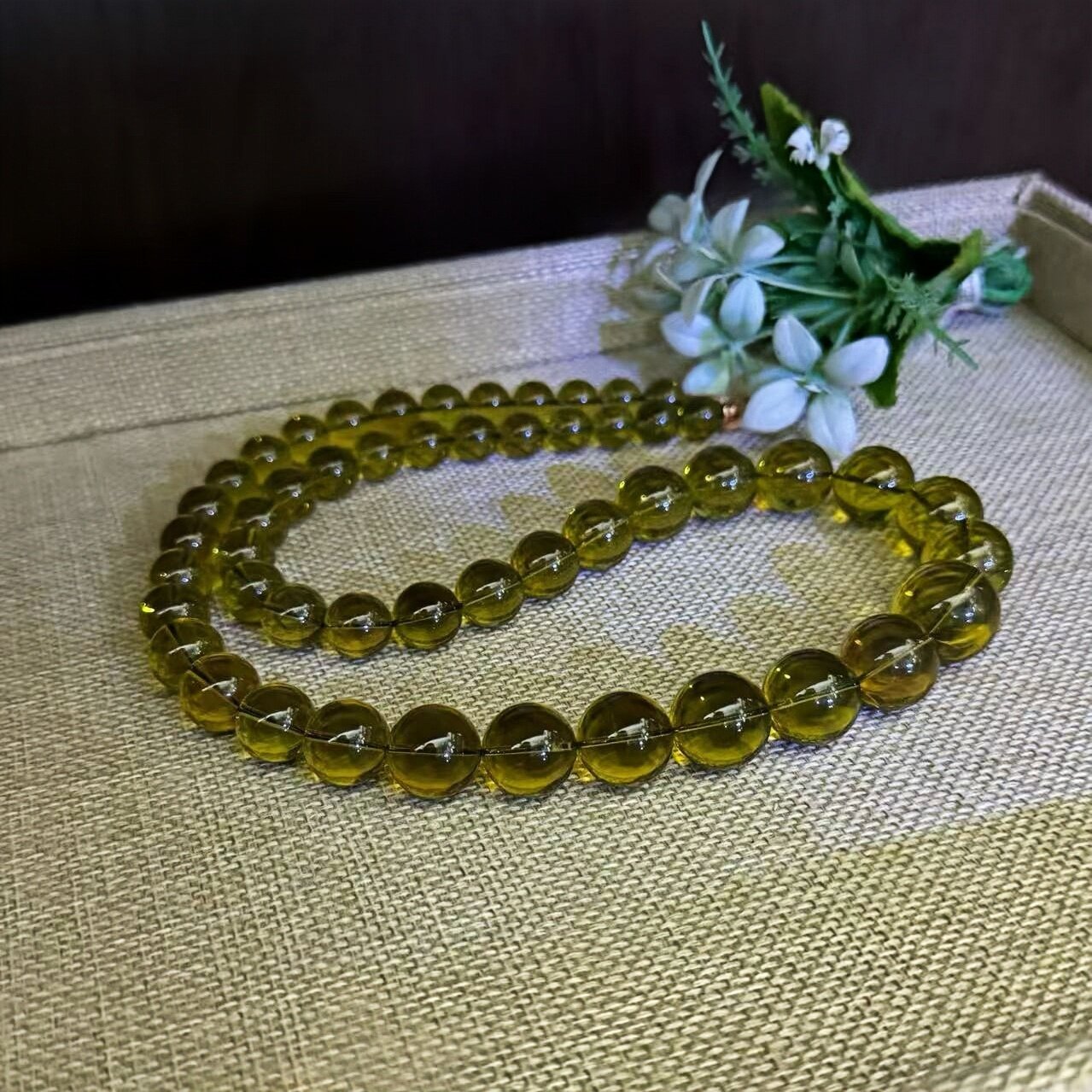 正品天然缅甸琥珀精品老矿玻璃底柳青圆珠塔链文玩收藏珠宝饰品
