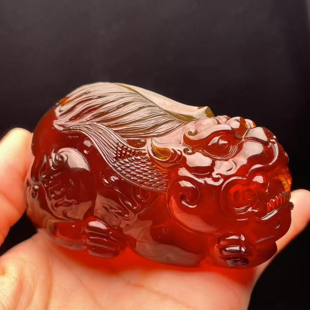 正品天然缅甸琥珀高品质血珀红蜜 貔貅 圆雕手把件文玩珠宝饰品