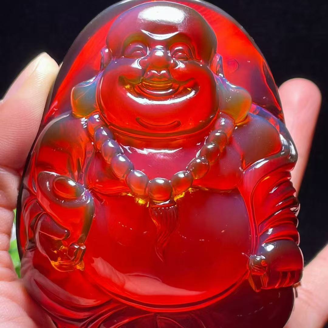 正品天然缅甸琥珀精品玻璃底血珀招财弥勒佛摆件文玩收藏珠宝饰品