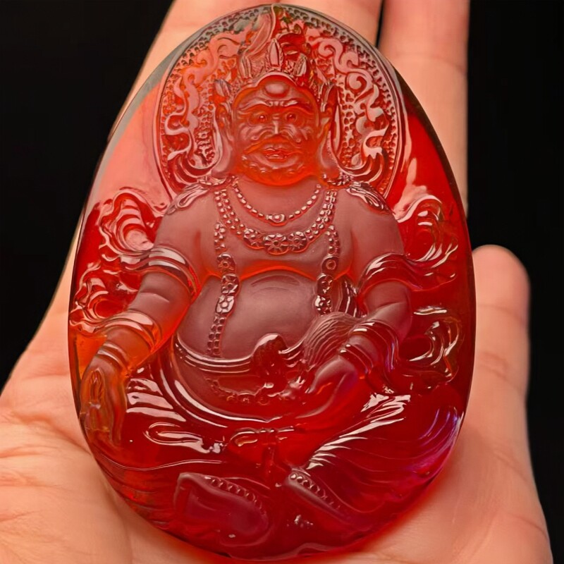 正品天然缅甸琥珀干放樱桃红血珀黄财神圆雕吊坠名家工艺珠宝饰品
