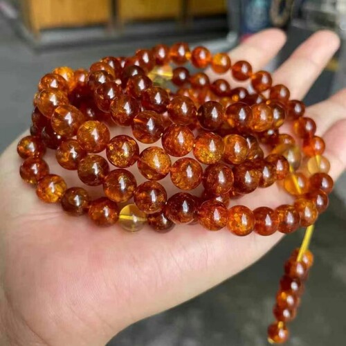 正品天然缅甸琥珀血珀爆花108链子手链项链时尚百搭珠宝饰品