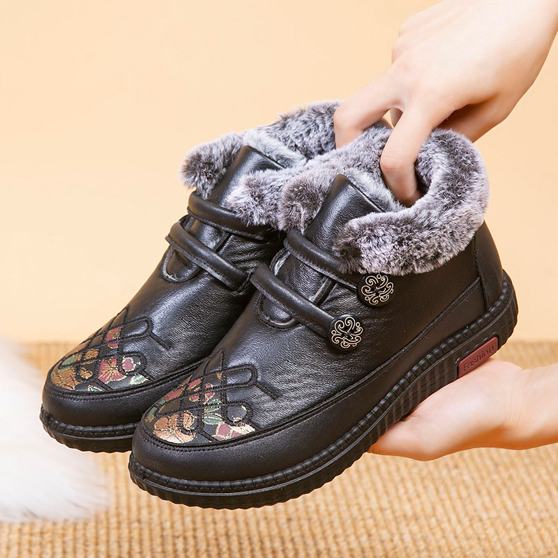 冬季聚氨酯中老年妈妈棉鞋平底加绒加厚保暖女棉鞋一脚蹬女士棉靴