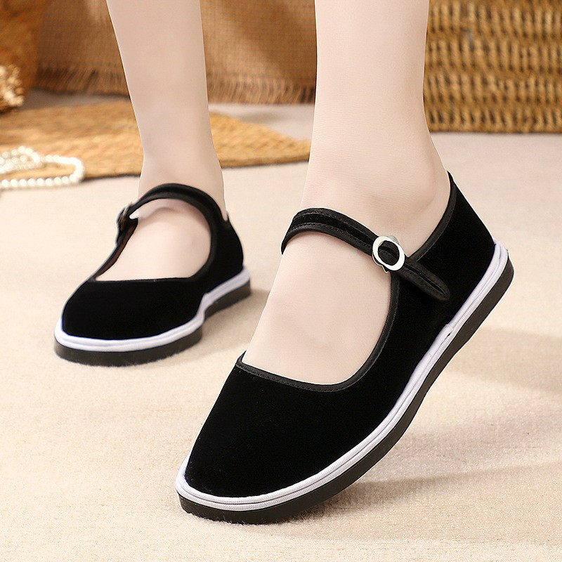 布鞋女款夏季浅口透气一字搭扣平底防滑黑色老北京舒适休闲妈妈鞋