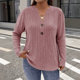 纯色长袖V领T恤上衣女 Long-sleeved solid-color V-neck T-shirt