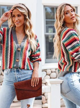 Stylish V-neck striped button-up sweater lady 休闲系扣毛衣女