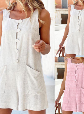 New square neck solid color strap romper 纯色方领背带连体裤