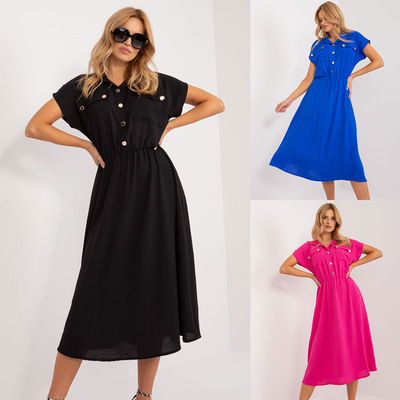 欧美女装外贸女装欧美跨境亚马逊纯色休闲扣子短袖中裙连衣裙