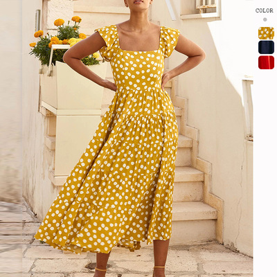 荷叶短袖大摆连衣长裙