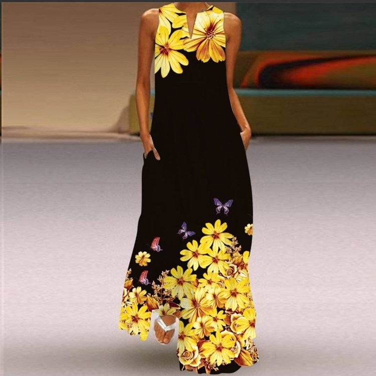 V-neck Sleeveless Loose Waist Dress  印花V领无袖宽松腰连衣裙