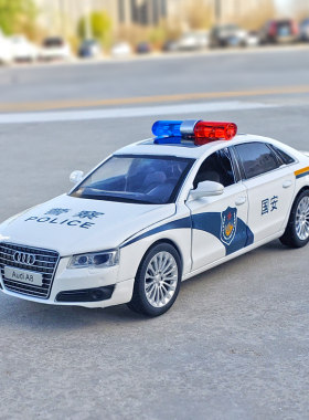 1:32奥迪a8合金警车仿真公安车汽车模型开门回力警笛玩具车模摆件