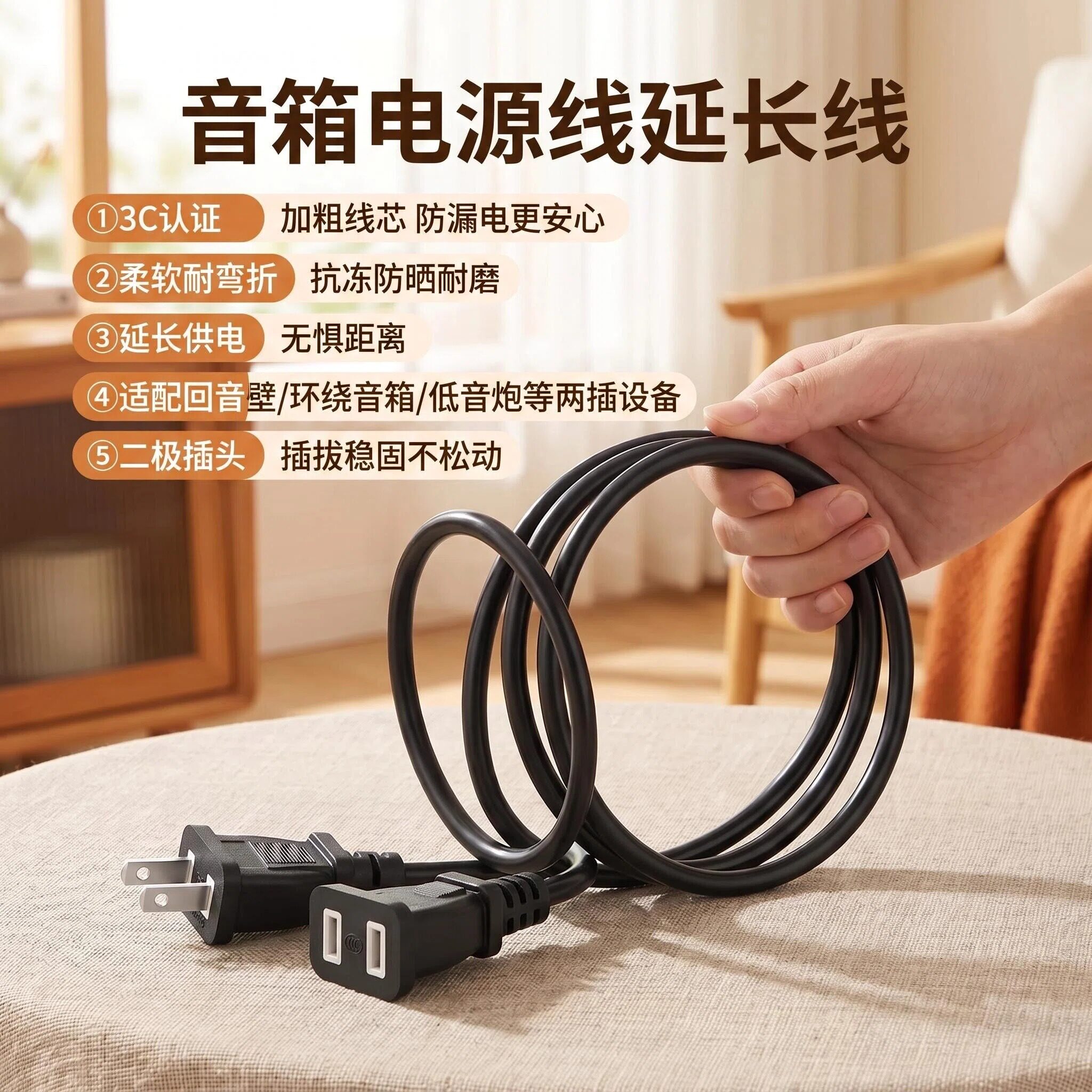 回音壁音箱电源线延长线 5米2米3米家用大功率两脚插头延长线