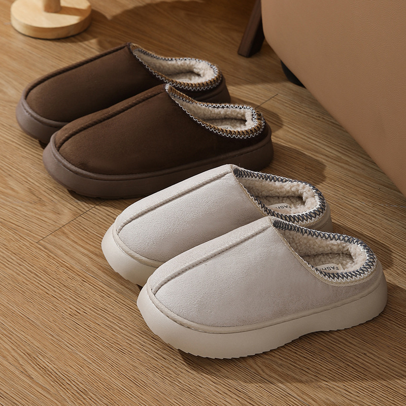 2024跨境纯色仿鹿皮绒拼接家居拖鞋厚底防滑轻便保暖棉女加厚保暖