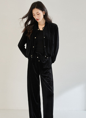 25秋季新款天鹅绒丝绒飞行员夹克外套+休闲长裤套装18976+18977