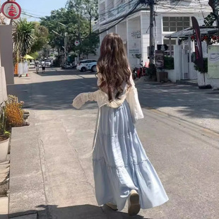 法式 蓝色吊带连衣裙女2025夏季 新款 海边度假风长裙气质开衫