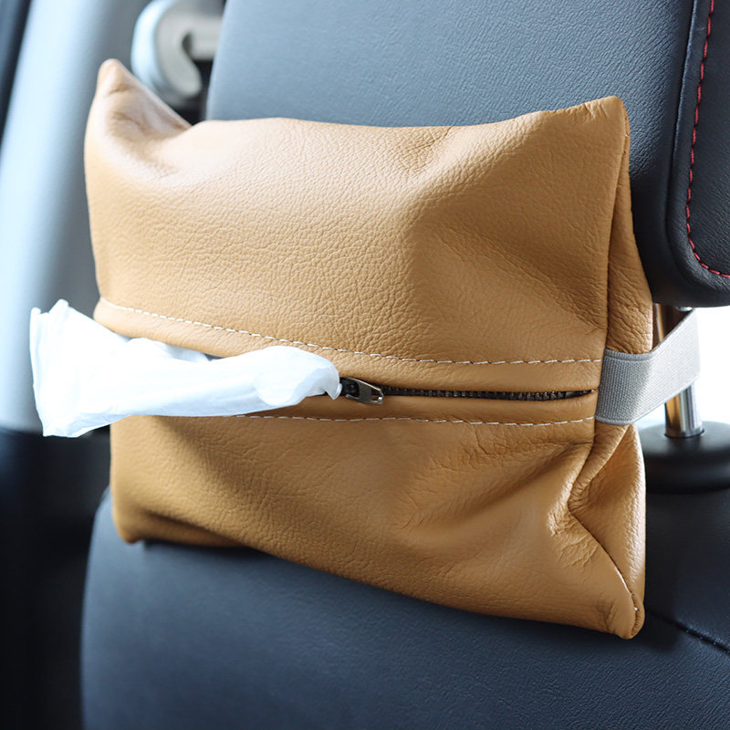 轻奢真皮纸巾盒客厅汽车载创意头层牛皮质古铜拉链绑带抽纸收纳袋