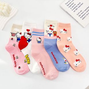 日系卡通袜子女可爱小猫精梳棉中筒女袜学生粉色少女休闲袜长筒袜