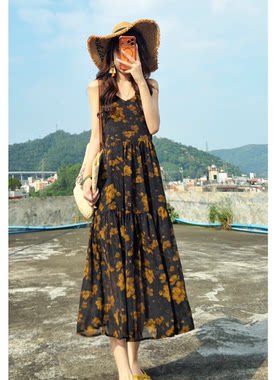 663黑黄花 气质度假风碎花连衣裙女吊带袖夏季时尚显瘦长裙