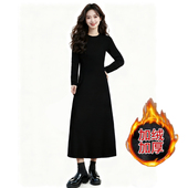 秋冬长袖 半高领长裙子A字裙显瘦宽松外穿打底极简风黑色连衣裙女