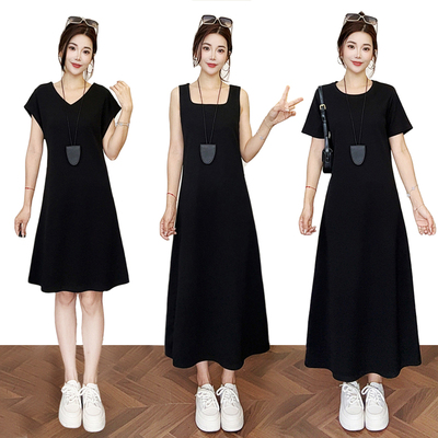 (现货+运费险)春夏季黑色圆领宽松短袖显瘦收腰连衣裙中长款